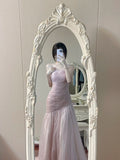 Nukty Mermaid Fairy Evening Dresses Temperament Purple Pink Beading Chain Tassel Ruffle Asymmetric Bride Wedding Celebrity Gowns 2024
