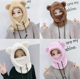 Nukty Cute Winter Earflaps Plush Bear Ears Hats adult Warm Mask for Outdoor Women Bonnet Hood