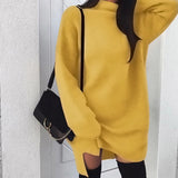 Nukty Fleece High Neck Side Slit Casual Long Sleeve Sweatshirt Short Dress Woman Dress Autumn Winter All-match Simple Basic Sportwear