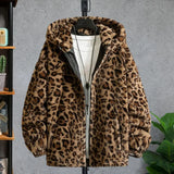 Nukty Faux Fur Coats For Men Leopard Print Long Sleeve Pockets Zipper Men Coat Winter Thickened Double-sided Plush Hooded Outerwear