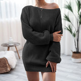 Nukty Autumn and Winter Women's Dresses One-Word Collar Louj Casual Loose Knitted Sweater Dress Short Dresses Casual Dress for Women