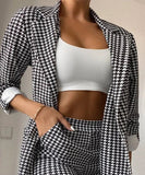 Nukty Women's Houndstooth Printed Long Sleeve Suit Coat & Shorts Set Temperament Commuting New Fashion Women Elegant Blazer Outfits