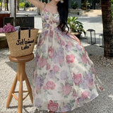 Nukty 2024 Summer Chiffon Beach Maxi Dress Women Fashion Print Floral Backless Bandage Slip Dress Elegant Evening Party Fairy Dresses
