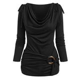 Nukty Cowl Neck Cinched O Ring Tee Long Sleeve Loose Tops Women's Spring Autumn Style Blouses Shirt