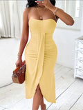 Nukty Women Sexy Backless Strapless Solid Mido Dress New Summer Bandeau Ruched Off Shoulder Hook Flower Hollow  Slit Casual Dresses