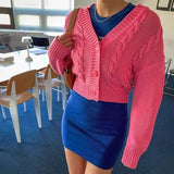 Nukty Chunky Crop Cardigan for Women Pink Blue Green V-Neck Button Up Cable Knit Sweater Jacket Autumn Winter