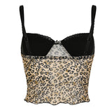 Nukty Leopard Print Mesh Camis Streetwear Y2K Vintage Lace Bow see Through Sexy Summer Backless Crop Top Women Mini Vest 2024