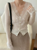 Nukty New Korean Fashion Chic Vintage Sweater Lace Women Autumn Winter Knitted V-Neck Cardigans Elegant Tops