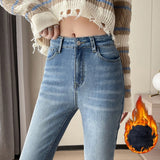 Nukty Fashion New Women Warm Plush Flared Jeans Thermal Fleece Loose Denim Pants Female High Waist Urban Straight Flare Trouser