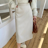 Nukty Vintage PU Leather Women's Skirts 2024 New Autumn High Waist Casual Mid Length Solid Color Office Lady Skirts Female