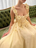 Nukty Yellow Floral Prom Dresses Lace Applique Tulle with Belt Spaghetti Strap Long Sweep Train Graduation Homecoming Evening Gowns