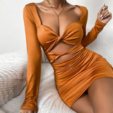 Nukty Long Sleeve Deep V Neck Hollow Out Dress  Women Party Bodycon Pleated Ruched Mini Dresses Soild Color