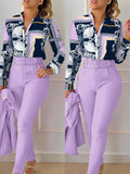 Nukty business casual outfits Women's Shirt 2 Pieces Suit Set 2024 Fall Print V Neck Long Sleeve Top Casual High Waist Pockets Work Female Clothes Pants Set