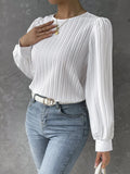 Nukty Fall New Casual Solid Round Neck Long Sleeve Shirts White Women's Blouses