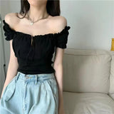 Nukty 2024 New Summer Fashion Y2K T-shirt Woman Sleeveless Shoulder Off Sexy Clothes Crop Top Women Pleated Bandage Tee Shirt Femme