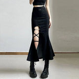 Nukty High Waist Women Mermaid Skirts American Style Designed Bandage Split Midi Skirt Y2K Fashion Streetwear Female Skirts Spring New