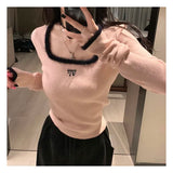 Nukty Women Butterfly Embroidered T-shirts Square Neck  Long Sleeve Patchwork Y2K T-Shirts Casual Tees Women Autumn Winter