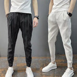 Nukty Men Harem Pants Striped Drawstring Elastic Waist Slim Fit Streetwear Spring Autumn Stretch Ankle Tied Pencil Pants for Daily