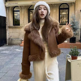 Nukty Winter Coat Women Faux Deerskin Leather Fur Jacket Fashion Streetwear Lapel Short Motorcycle Biker Coats Outwear Mujer Tops