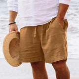 Nukty Men's summer cotton and linen shorts with drawstring elastic waist, straight legs, solid color, breathable daily beach capris