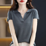 Nukty Spring and Summer New Cashmere Sweater Polo collar Women's Short sleev Knitted Sweater Loose Thin Pullover Short-Sleeved