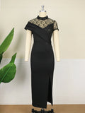Nukty Black Long Prom Dresses High Neck Lace Patchwork Bodycon Women Evening Cocktail Club Party African Gowns Sexy Slit Outfits