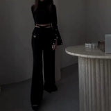 Nukty Women Pant Set Work Two Piece Sets Turtleneck Full Sleeve Tops Sexy Wide Leg Long Pants Loose Casual Elegant Matching Sets