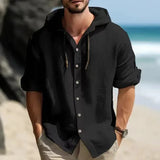 Nukty Summer Men's Linen Shirt Solid Streetwear Long Sleeve Hoodie Cardigan Clothing For Men Button Tops Casual Loose Men Hooded Shirt