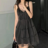 Sexy Gothic Woman Dresses Mini V-neck Black Short Sleeveless Dress Mesh Hotsweet Vintage One-piece Party Dress Summer