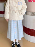 Nukty Kawaii Plaid Skirt Women Winter Elastic Waist A-line Button Patchwork Cute Blue Woolen Long Skirt Harajuku Fashion