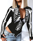 Nukty Women Top Romper V Neck Skulls Slim Casual Halloween Skeleton Print Zip Front Long Sleeve Bodysuit Sexy Bodysuits