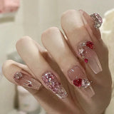 24Pcs Wearable False Nails with Glue Glitter Heart-shaped Rhinestone Design Full Cover Nail Tips Acrylic Fake Nails Press on