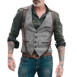 Nukty Herringbone Men's Vests Men Brown Waistcoat Vest Man Steampunk Jacket Striped Tweed V-neck Slim Fit Gilet Wedding Clothing