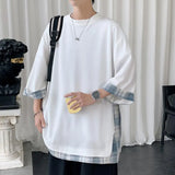 Nukty Japanese street fashion men Summer Men's T-shirts  Korean Style Loose Fake Two-piece Mid Length Plus Size Three Quarter Sleeves Streetwear Outdoor Top