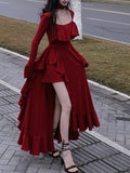 Nukty Autumn Red Vintage Elegant Dress Women Flare Sleeve Designer Sweet Long Dress Female Ruffles Retro Princess Irregular Dress