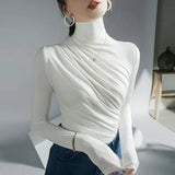 Nukty High Neck Slim Folded T-Shirt & Blouses Trend New Basic Autumn Solid Elegant Office Lady Casual All-Match Long Sleeve Top