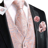 Nukty Wedding Peach Pink Mens Vests Silk Paisley Jacquard Waistcoat Tie Hanky Cufflinks Brooch Set for Men Suit Formal Business Hi-Tie