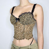 Nukty Leopard Print Mesh Camis Streetwear Y2K Vintage Lace Bow see Through Sexy Summer Backless Crop Top Women Mini Vest 2024