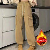 Nukty Autumn Winter Women Pants Elastic Waist Drawstring Large Pocket Trousers Youthful Loose Casual Sports Solid Straight Cargo Pant