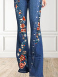 Nukty Women Fashion Plain Button Decor Flare Leg Long Denim Pants Floral Embroidery Ladies High Waist Skinny Bottom Wide Leg Jeans