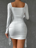 Nukty Long Sleeve Sexy Bodycon Mini Dress Women White Square Neck Pleated Party Club Wear Drawstring Ruched Outfit