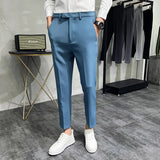 Nukty 2024 Summer Fashion Mens Dark Green Suit Pants Pure Color Business Occupation Slim Fit Dress Office Ankle Trousers