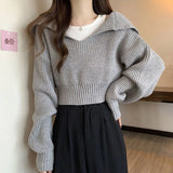 Nukty Rimocy Long Sleeve Cropped Sweater Women Autumn Winter Turn Down Collar Knitted Jumper Woman Korean Style Solid Color Jerseys