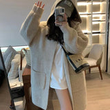 Nukty Hooded Long Sleeved Loose Sweater Pocket Knit Sweater Cardigan Long Coat Autumn Winter Women Clothing Casual High Street Vintage