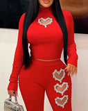 Nukty Two Piece Set Women Outfit Spring Fashion Hollow Heart Rhinestone Mock Neck Long Sleeve Top & Casual High Waist Skinny Pants Set