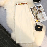 Nukty Autumn Winter Corduroy Women's Skirts with Belted New High Waist Straight Classic Front Split Skirts Ladies Female