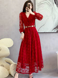 Nukty Designer Fashion Autumn Dress Women Sexy V Neck Full Sleeve Red Lace Hollow Out Flower Elegant Long Dresses With Belt