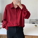 Nukty Long sleeve shirt men Double Collar Ice Silk Shirt Men Vintage Wine Red Shirts Men Korean Comfortable Blouse Casual Loose Shirt