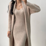 Nukty cold weather outfits Fall Winter Warm Knitted Dresses 2 Pieces Set For Women Korean Casual V Neck Knit Sweater Dress+long Sleeve Solid Cardigans Suit