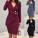 Nukty Autumn Attendance Pass Women's Long Sleeved Short Skirt Temperament Slimming Professional Dress Simple Solid Color Set